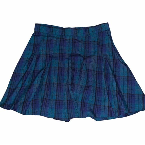 H&M Blue Green Teal Plaid Pleated Mini Skirt - Picture 1 of 5